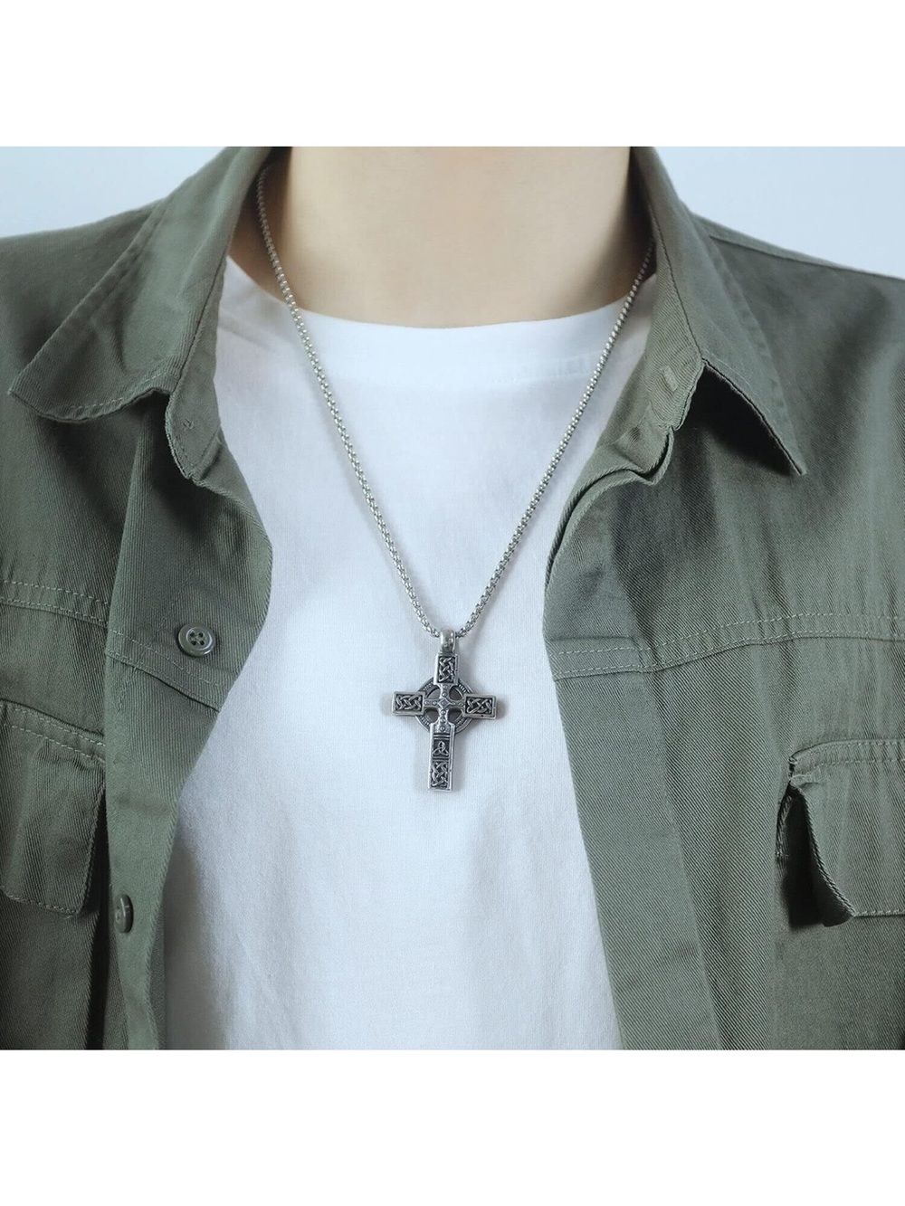 Men's Celtic Trinity Knot Cross Pendant Necklace - Silver Tone C58 - Picture 5 of 8